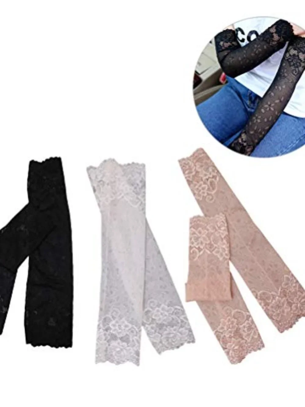 Lace Floral UV Protection Arm Sleeves 38cm Fingerless Over Elbow Stretchy